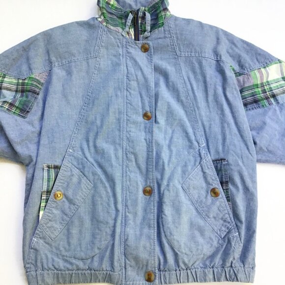 Vintage 90s London Fog Patchwork Plaid Jacket Womens M Blue Chambray Bomber Coat - Picture 2 of 14